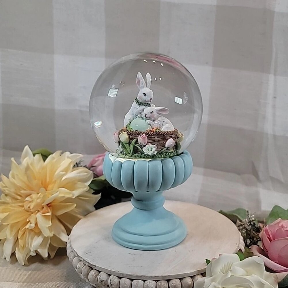 Happy Easter Bunny Blue Pedestal Snow Globe Ornate Floral Spring Decor 8.25" NEW